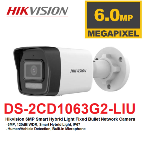 Hikvision DS-2CD1063G2-LIU Hikvision 6MP Smart Hybrid Light Bullet Network Camera With Mic