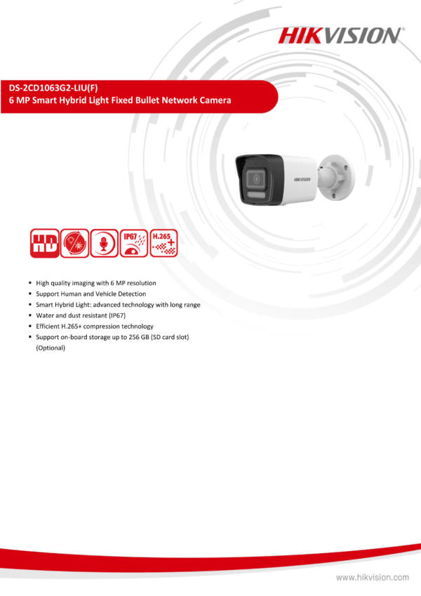 Hikvision DS-2CD1063G2-LIU Hikvision 6MP Smart Hybrid Light Bullet Network Camera With Mic