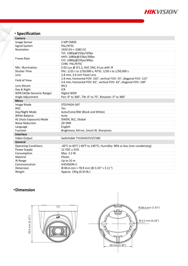 Hikvision 2MP Bullet or Turret Analog CCTV Camera - DS-2CE76D0T-EXIPF / DS-2CE16D0T-EXIF - Hikvision CCTV Camera